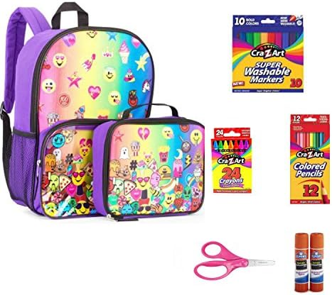 Back to School Rainbow Emoji Backpack with Lunch box! 53 Count School Supplies Bundle