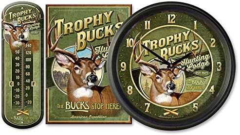 Wall Clock/Large Tin Thermometer/Large Tin Sign Combination Package (Trophy Buck's Hunting Lodge)