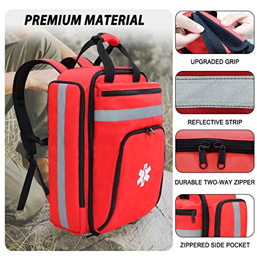 3DTengkit Emergency Medical Backpack Empty First Aid Bag with Reflective, Large Capacity Medical Backpack (Bag Only) (Red)