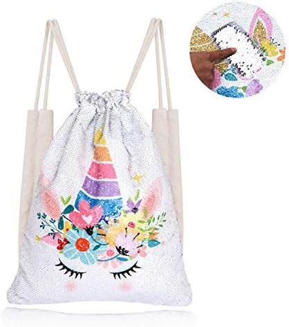 Xiaowli Unicorn Sequin Drawstring Backpack Mermaid Sequin Bag Magic Reversible Glittering Bag Unicorn Gift for Girls Boy (D Unicorn 3 - Silver Sequins)