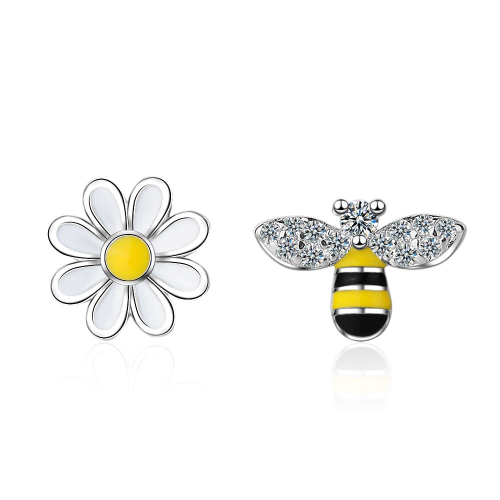 Jewelry Bijoux Women's Asymmetry Bee and Flower Stud Earrings Silver