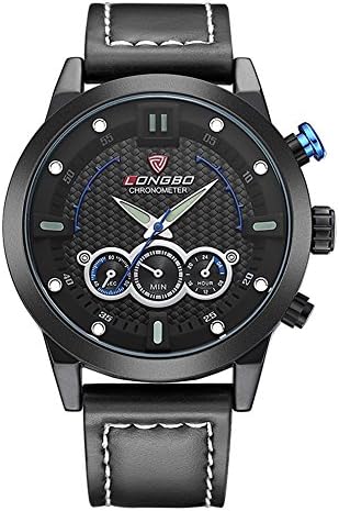 Men's Big Face Chronography Watch Water Resistant Leather Strap Quartz Analog Watches for Men (Black)