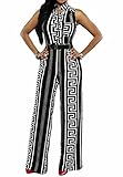 roswear Women's Sexy Plunge V Neck Belted Wide Leg Jumpsuits Romper Black Print X-Large