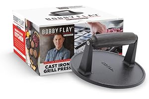 GreenPan x Bobby Flay Smash Burger Press, 6.5" Cast Iron Round Grill Press, Smashed Burgers, Heavy-Duty, Wood Handle, Cookouts & BBQ Tool for Juicy & Crispy Hamburgers Bacon Sandwich, Flat Top Griddle