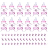 Bememo 12 Pack Candy Bottles and 50 Pack Acrylic Mini Pacifiers for Baby Shower Party Favors Decorations (Pink)