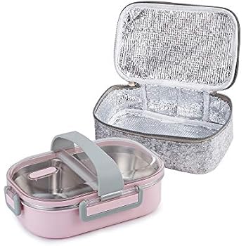 Lille Home 22oz Stainless Steel Leakproof 2-Compartment Lunch Box, Bento Box, Portion Control Food Container with Insulated Lunch Bag, Adults, Men, Women(Pink)