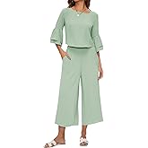 ROYLAMP Women's Summer 2 Piece Outfits Bell Sleeve Round Neck Crop Top Wide Leg Pants Set Matching Lounge Set with pockets