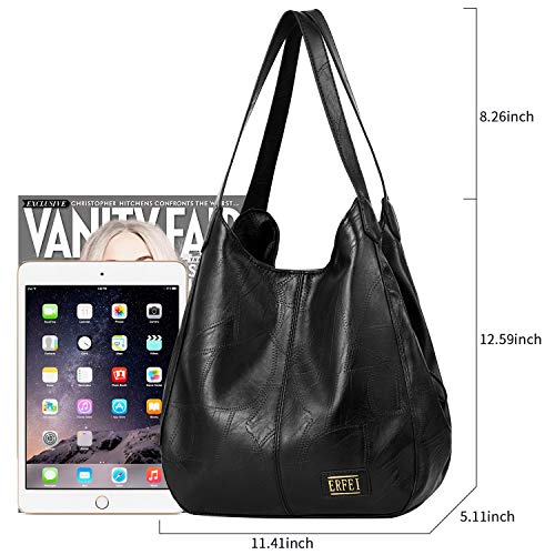 Shoulder Bags for Women Soft Leather Hobo Bags 3 Compartment Large Capacity Handbag Multiple Pocket Tote Bag,Black