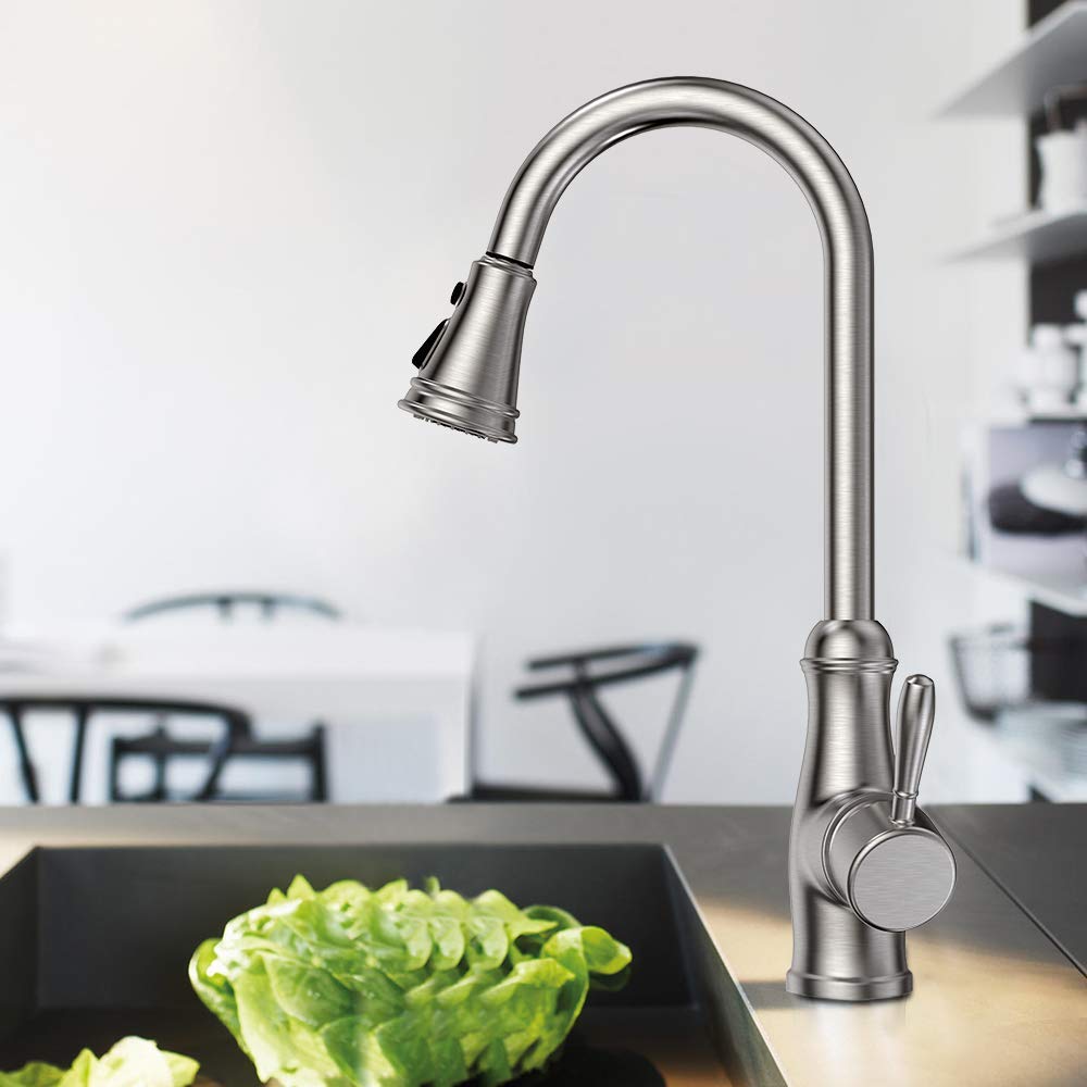 Best Single Handle High Arc Brushed Nickel Pull Out Kitchen Faucet