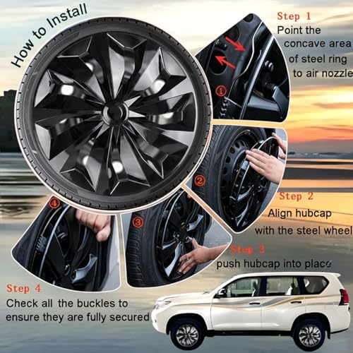 Hubcaps Wheel Cover Replacement R16 Size Hub Cap Universal-Fit Steel Wheel Rim Caps ABS Tire Covers for Most Cars Trucks Sedans SUV -Set of 4（16-inch，Black）