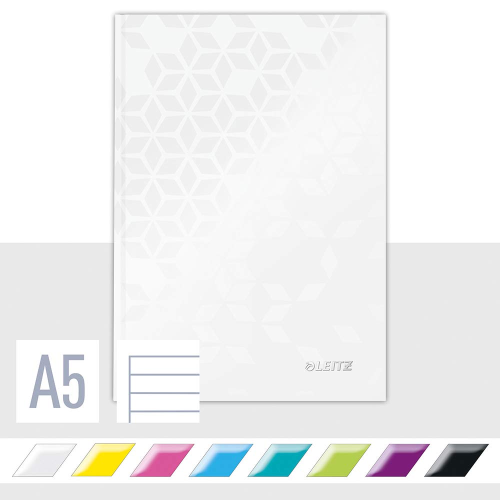 Leitz WOW Notebook A5 Lined, Hardcover, 160 Pages, 80 Sheets of FSC-Certified Paper (80 g/m²), Laminated Cover, Thread Binding, For Office, School or as a Diary, White, 46271001