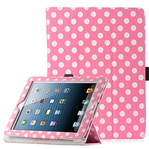 ULAK iPad 2/3/4 Case, Synthetic Leather Folio Flip Case Stand Cover Smart With Wake /Sleep for Apple iPad 2/3/4(Hot Pink W/White Dots)