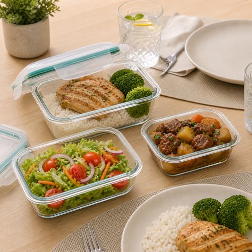 Kit 3 Potes Herméticos de Vidro com Tampa Vedação Silicone 370ml 640ml 1040ml – Livre de BPA, Vai ao Forno, Micro-ondas e Lava-louças Organizador