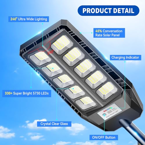 Adewalk Outdoor Solar LED Street Light with Remote Control, 330 LEDs, 7000mAh, Motion Sensor, IP66 Waterproof, 3 Modes, Solar Street Light for Garden, Garage and Road