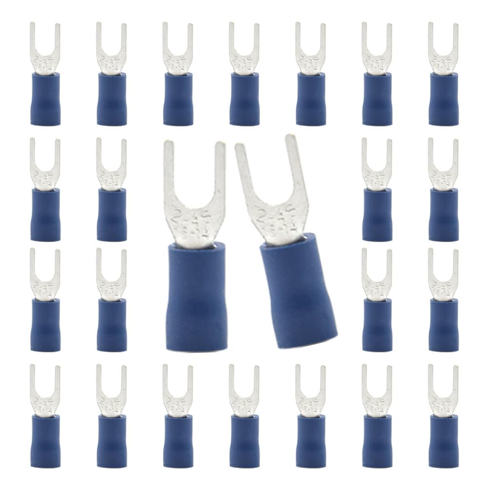 CEEYSEE 100Pcs of Blue #8 Insulated Fork Crimp Connector Quick Splice Wire Terminals Wire Connectors（PFL)