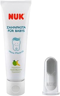 NUK 10256396 Mundpflege-Set mit Baby-Zahnpasta und natürlichem Apfel-Banane Geschmack, incl. Fingerzahnbürste, BPA frei, ohne Fluorid, 1 Stück