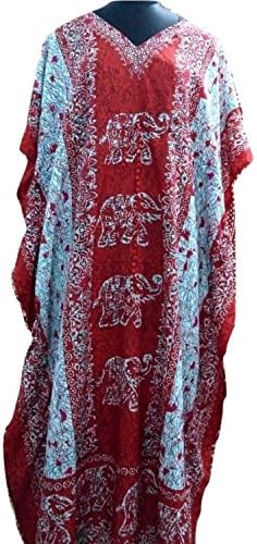 Winmaarc Plus Size Elephant Print Kaftan,Long Length Caftan Dress Boho Gown Red