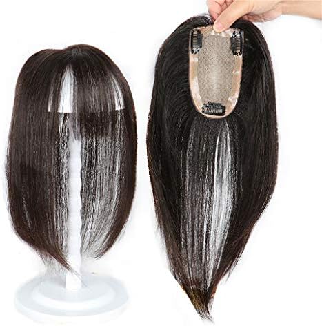 100% Remy Human Hair Top Pieces with Bangs, 4" x 5" Free Part Silk Base Crown Topper Hair Piece for Concealing Thinning Hair (12"- Light Brown)