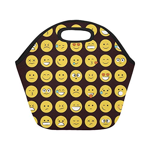 Insulated Neoprene Lunch Bag Set Smile Icons Emoji Emoticons Large Size Reusable Thermal Thick Lunch Tote Bags For Lunch Boxes For Outdoors,work, Office, School