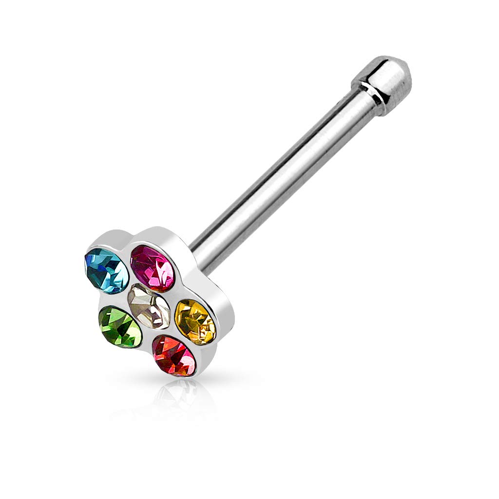 PiercedOff 316L Surgical Steel Nose Bone with Multiple Rainbow CZ Gems Fower - Thickness 20GA (0.8mm) / Length 6mm / Flower Size 4mm