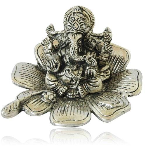 Purpledip White Metal Ganesha on Lotus Showpiece, Indian gift ideas (10176)