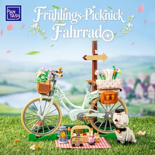PANTASY Flower Bicycle Clamping Blocks Set, Vintage Decoration Model | Flower Bicycle Construction Set for Adults, Vintage Decoration Model with Flower Baskets, Picnic Scene, Puppy, Gift