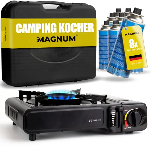 Magnum Gaskocher inkl. 8 Gaskartuschen - robuster Campingkocher mit Gaskartusche – Gaskocher mit Kartusche 1-flammig – Herdsets - Campingkocher stufenlos regulierbar mit Piezozündung