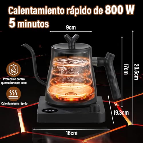 GALASALA Tetera Electrica de Cuello de Cisne de 1 L, Hervidor Agua Electrico de Acero Inoxidable 304, 800W de Calentamiento Rápido, Tetera Cuello de Cisne Portátil，con Apagado Automático