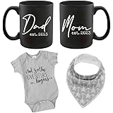 Pregnancy Gift Est 2023 - New Mommy and Daddy Est 2023 11 oz Black Mug Set with "And So The Adventure Begin" Romper (0-3 Mont