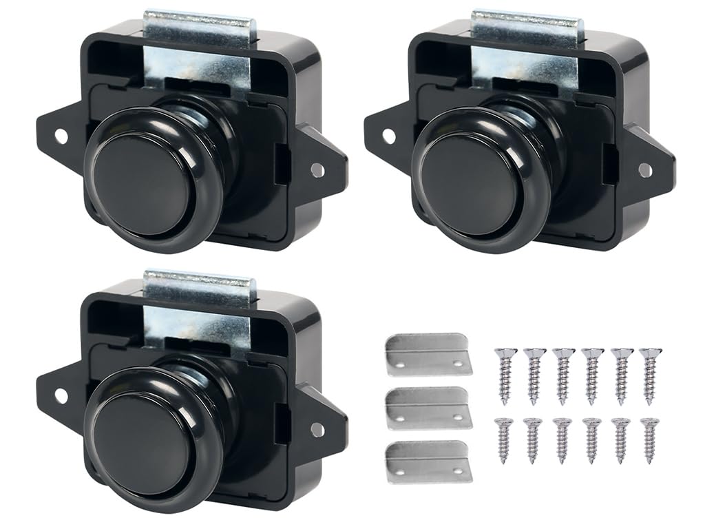 Kellegour 3 Pack Push Button Latch Catch, Black Cupboard Door Knob Latch, Push Button Locks for Camper Cupboard Caravan Motorhome