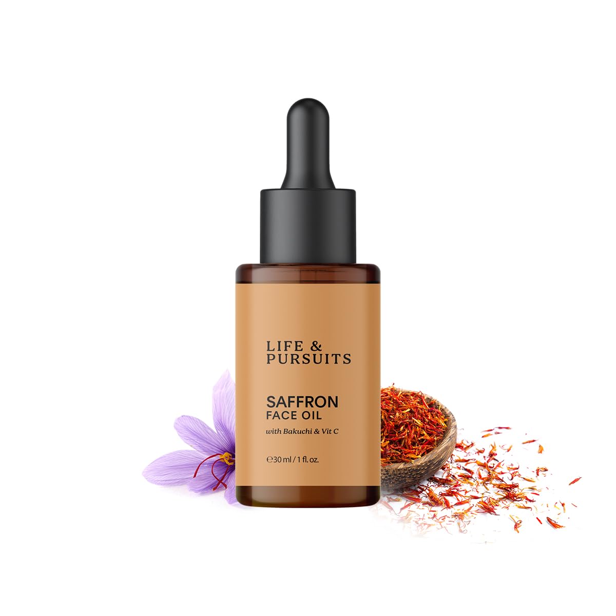 Life & Pursuits Saffron Face Oil 30 ml with Bakuchi, Vitamin C, Squalane for Face Brightening, Moisturizing. Lightweight Ayurveda Daily Face Massage oil with Turmeric, Vitamin E
