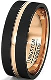 Mens Wedding Band Brushed Black Tungsten Ring 8mm Rose Gold Groove Flat Edge Comfort Fit
