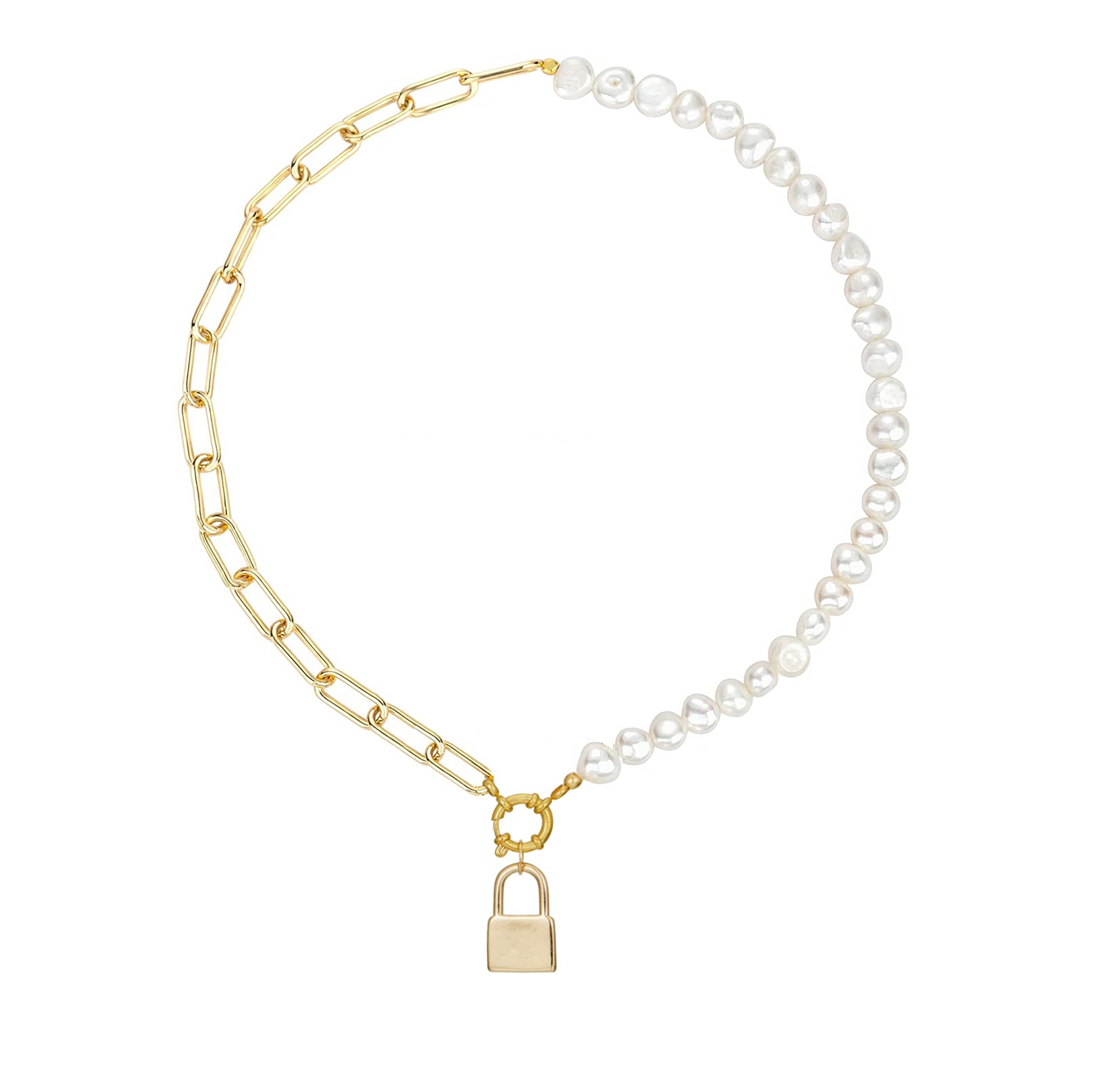 Lock Pendant Paper Clip Pearl Necklace 18k Gold Plated Chunky Chain 10mm Cultured Handpicked Pearl Vintage Half Pearl Half Chain Stylish Necklace for Women Girls