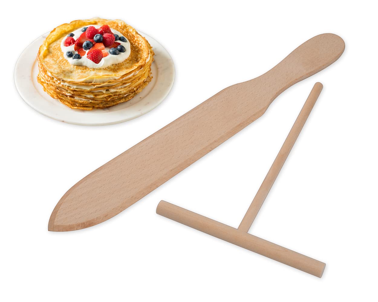 SCSpecial Crepe Spreader and Crepe Spatula Kit Set of 2 Crepe Tools Wooden Spatula and 4.7-Inch T-Shaped Tool