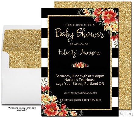 Floral Baby Shower Invitations with Gold Glitter Accents