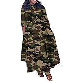 LROSEY Women's Casual Button Down Short Sleeve Maxi Dress African Floral Camo A Line Long Dresses with Belt