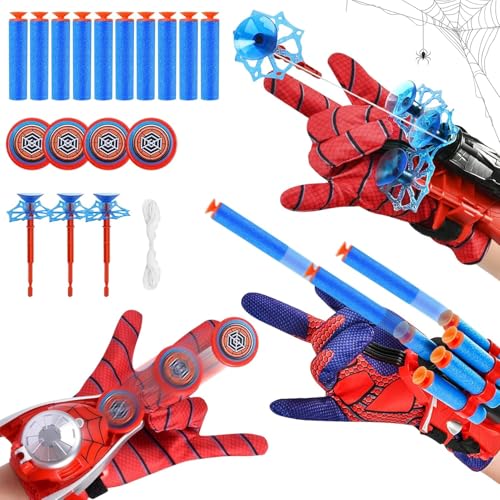 Taufe 3 Set Spider Launcher Handschuh,Spidr Handschuhe,Spide-R Spielzeug,Super Spide-R Launcher,Kids Spi-Der Hero Handschuhe Mit Saugnapf-Darts Und Frisbee,Spi-Der Netzwerfer,Geschenk Für Kinder