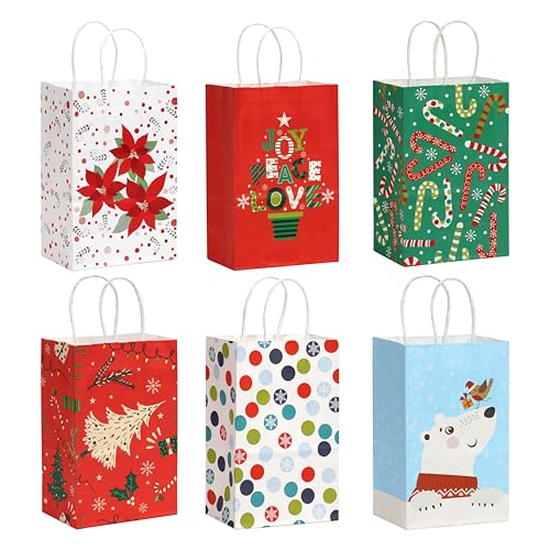 SUNCOLOR 12 Pack Small Christmas Gift Bags, 7.9 × 5.12 × 3.15 Inch, 6 Festive Designs with Handles, Paper Holiday Gift Bags for Christmas Parties, Presents and Holiday Decorations (2 of Each Design)