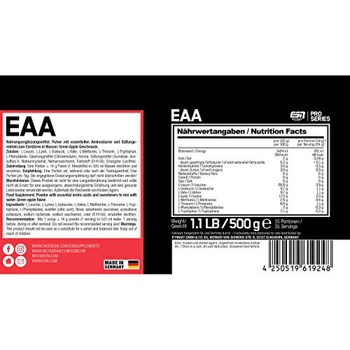 ESN-EAA-Pulver--500g--Green-Apple--Enthaelt-alle-8-essentiellen-Aminosaeuren-EAAs--essential-amino-acids--vegan--instant--10000-mg-EAAs-pro-Shake--35-Portionen--Made-in-Germany ESN-EAA-Pulver--500g--Green-Apple--Enthaelt-alle-8-essentiellen-Aminosaeuren-EAAs--essential-amino-acids--vegan--instant--10000-mg-EAAs-pro-Shake--35-Portionen--Made-in-Germany