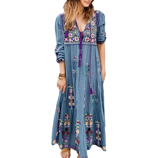 Women's Lace Tassel V-Neck Maxi Dress Boho Floral Lace Long Sleeve Flare Ruffle Fringed Beach Summer Long Dress Blue at Amazon Women's Clothing store Women's Lace Tassel V-Neck Maxi Dress Boho Floral Lace Long Sleeve Flare Ruffle Fringed Beach Summer Long Dress Blue at Amazon Women's Clothing store