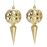 Tezam Shatterproof Christmas Balls Ornaments With Painting & Glistering Design, 2-piece set hanging balls for Christmas tree, wedding, holiday, Xmas, Garden, Party Decor (Gold)
