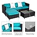 Peach Tree 5 PCs Outdoor Furniture Sectional Sofa with Ottoman and Glass Table Set Patio Black PE Rattan Wicker Sofa with Turquoise Cushions