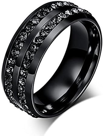Mens Womens 8MM Titanium Stainless Steel High Polished 18K Gold Plated Channel Set Cubic Zirconia CZ Promise Engagement Band Unisex Gold Wedding Ring Comfort Fit, Size 6-13 (9, Black)