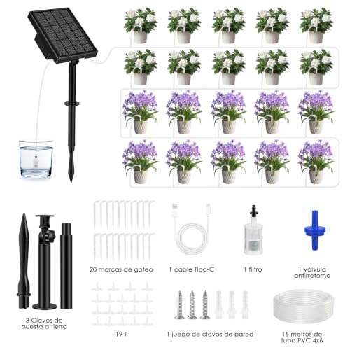 ZWOOS Riego por Goteo Solar, Sistema De Riego Automático con Temporizador, Manguera 15M & 20 Goteros, Recargable USB-C, Kit Riego por Goteo para hasta 20 Plantas, Balcón e Invernadero
