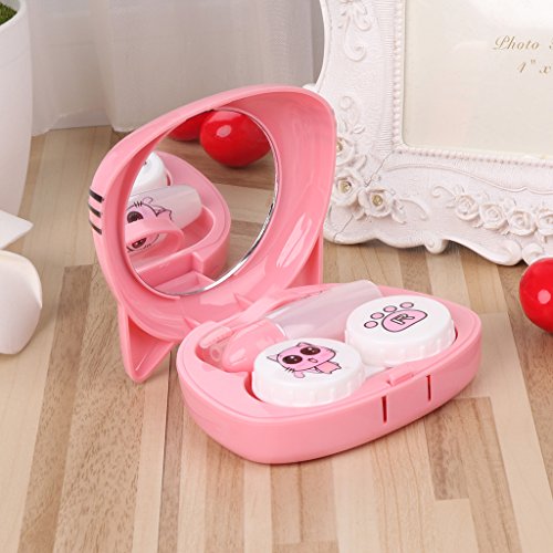Sarora Mini Contact Lenses Box - Cartoon Cat Contact Lens Travel Kit Case with Mirror for Home and Travel (Green)