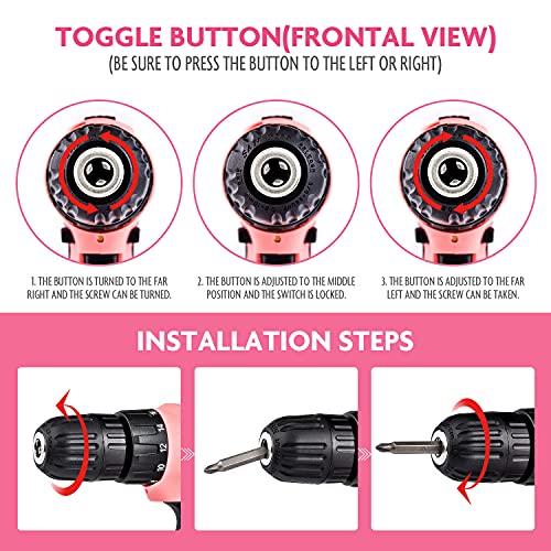 jar-owl 21V Pink Tool Set with Drill, Cordless Drill/Driver Set with 3/8 Inch Keyless Chuck,1.5AH 2PCS Battery and Charger for Home Tool Kit