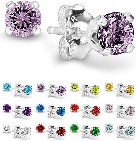 Birthstone Stud Earrings 4 mm - 925 Sterling Silver with Cubic Zirconia Crystals - CHOOSE YOUR COLOR