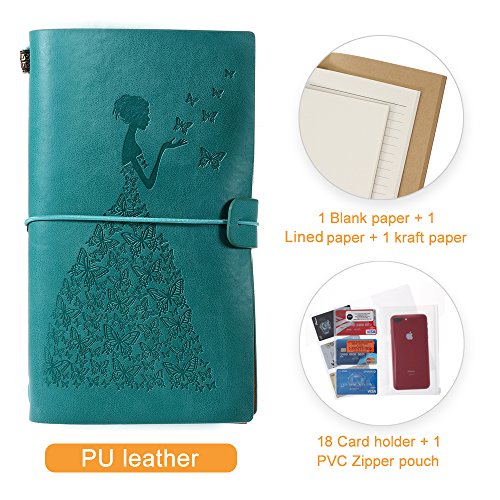 Leather Journal, Vintage Refillable Travelers Notebook with Line Paper+ 1 PVC Zipper Pocket +18 Card Holder for Women 4.7 X 7.9in (Blue)