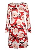 Genluna Women's Long Sleeves Christmas Santa Claus Print Flared Swing Dress