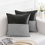 Decorative Faux Leather Jacquard Plaid Throw Pillow Covers 18x18 Inches, Throw Pillows Cushion Covers for Sofa Couch Bed, Set of 2, Black